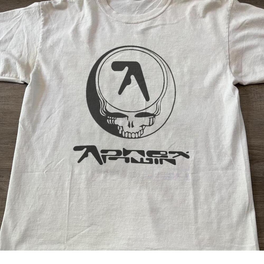 White Aphex Twin Band Tee With Black And Grey Graphics